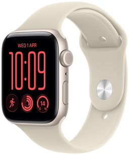 Apple Watch SE 3, aluminium case, starlight colour, Modular Compact watch face, complications: day and date, Run workout, Activity rings, Weather, right side exterior, Digital Crown, side button, Sport Band, sand colour