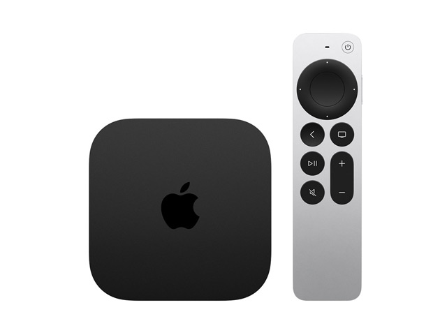 Vista da parte superior da Apple TV 4K, preta, apresentada com o Siri Remote prateado