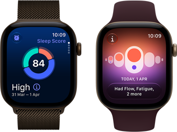 Două dispozitive Apple Watch Series 12, carcasă din aluminiu Bronz închis, grafic circular cu scorul de somn, Digital Crown, brățară Milanese Bronz închis, carcasă din aluminiu Auriu deschis, Urmărire ciclu, curea Sport Roșu burgund