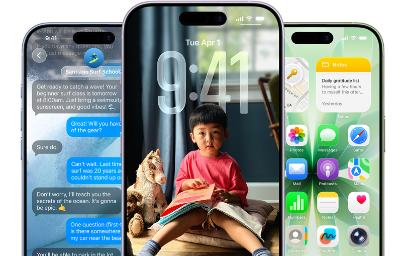 Dispozitive iPhone 17, vedere frontală, culori: Albastru difuz, Lavandă, Salvie, funcții iOS – Fundal cu mesaje, Liquid Glass afișând Ecranul de blocare și Ecranul principal cu diverse aplicații afișate