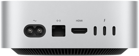 Mac mini, vedere spate, priză de alimentare, port Ethernet, port HDMI, trei porturi Thunderbolt