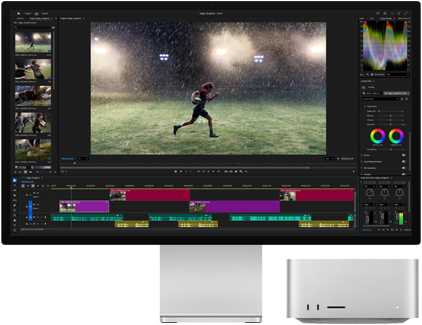 Studio Display XDR cu suport încorporat, Mac Studio se potrivește perfect sub ecran, flux de lucru cu instrumente de editare video și gradare a culorilor pe ecran