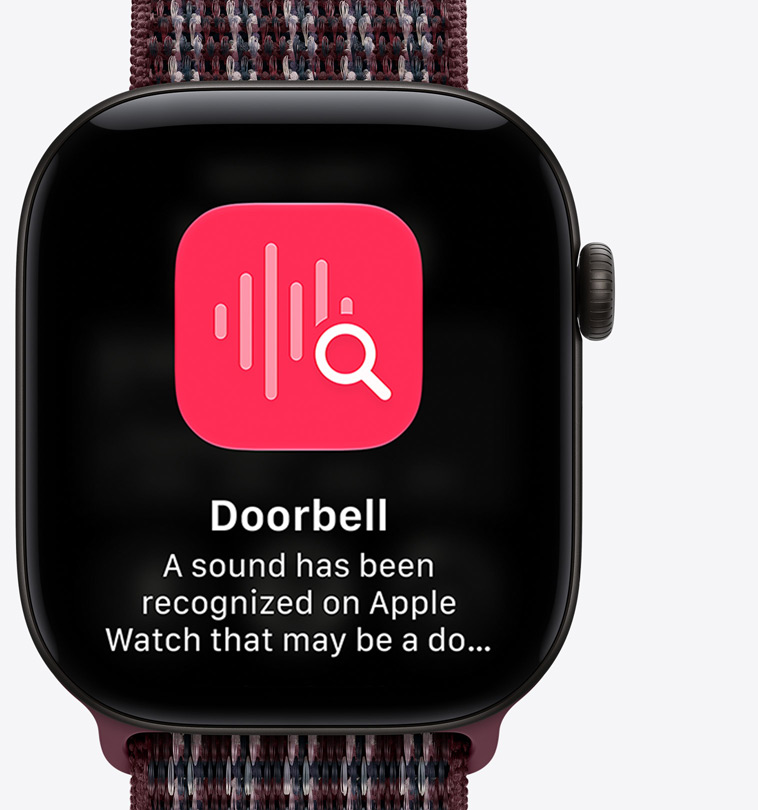 Apple Watch Series 12, svart aluminiumboett, fastnålade konversationer på skärmen, sportloop i färgen skotskrutig bourgogne