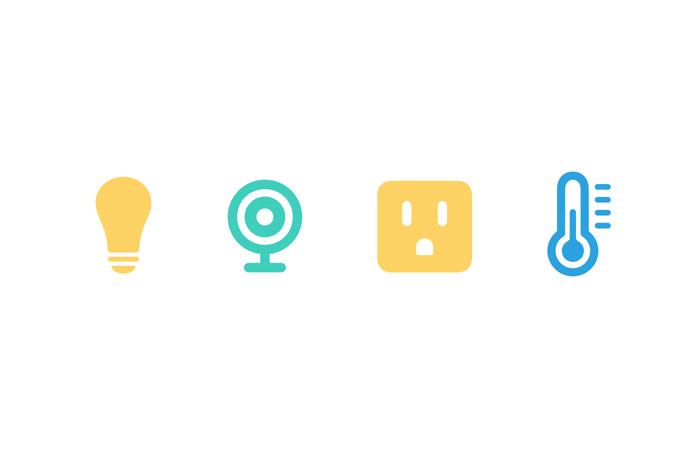 Smart home accessory icons: Includes icons such as lock, camera, fan, outlet, light bulb, door bell