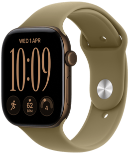 Apple&nbsp;Watch Series&nbsp;12, hliníkový kryt v&nbsp;tmavobronzovej farbe, pohľad zvonku na&nbsp;pravú stranu, korunka Digital&nbsp;Crown, mikrofón, bočné tlačidlo, pripojené k&nbsp;športovému remienku v&nbsp;olivovej farbe (zemitá zelená), kolíkové zapínanie (strieborný kolík)