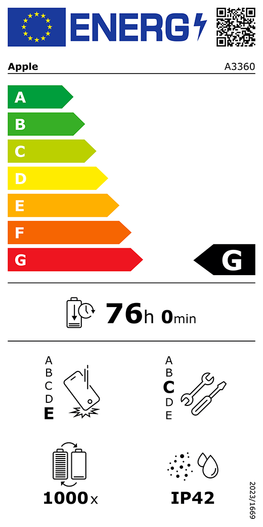 QR kód a informácie na energetickom štítku EÚ, model Apple A3360, trieda G, triedy energetickej účinnosti (so stupnicou od A po G), A (najúčinnejšia) až G (najmenej účinná), výdrž batérie na jeden cyklus, 76 hodín a 0 minút na plné nabitie batérie, trieda spoľahlivosti pri opakovanom voľnom páde E, A (najodolnejšia) až E (najmenej odolná), trieda opraviteľnosti C, A (najopraviteľnejšia) až E (najmenej opraviteľná), výdrž batérie 1000 cyklov, stupeň ochrany proti vniknutiu prachu a vody (IP) IP42, nariadenie 2023/1669