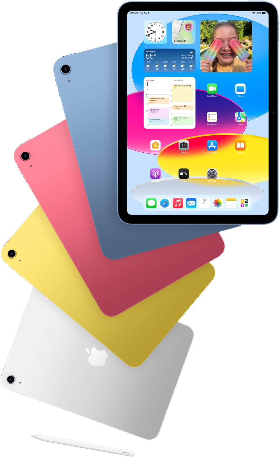 Predná strana iPadu s domovskou obrazovkou a zadné strany iPadov v modrej, ružovej, žltej a striebornej farbe. Vedľa rozložených modelov iPadu je položená ceruzka Apple Pencil.