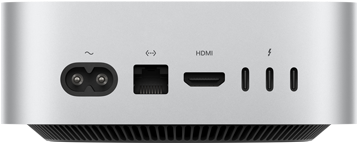 Mac mini zozadu, napájacia zásuvka, port Ethernet, port HDMI, tri porty Thunderbolt
