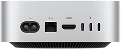 Mac mini zozadu, napájacia zásuvka, ethernetový port, port HDMI, tri porty Thunderbolt