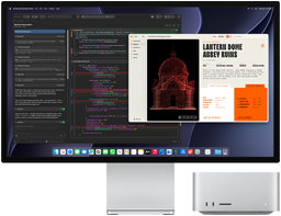 Studio Display XDR, na obrazovke rozpracovaný dokument v agentovi Claude v XCode, Mac Studio, pohľad spredu