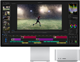 Studio Display XDR so vstavaným stojanom, Mac Studio sa krásne zmestí pod displej a na obrazovke sú nástroje na úpravu videa a farebné korekcie