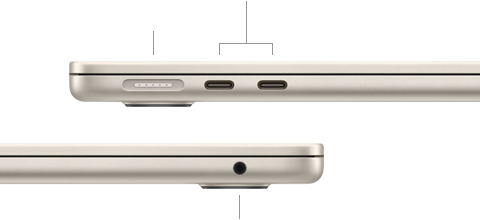 Pohľad na zatvorený MacBook Air, vľavo konektor MagSafe a dva porty Thunderbolt, vpravo konektor na slúchadlá