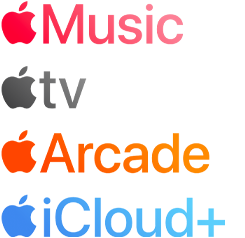 โลโก้ไทป์ของบริการสมัครสมาชิกของ Apple ประกอบด้วย Apple Music, Apple TV, Apple Arcade, iCloud+