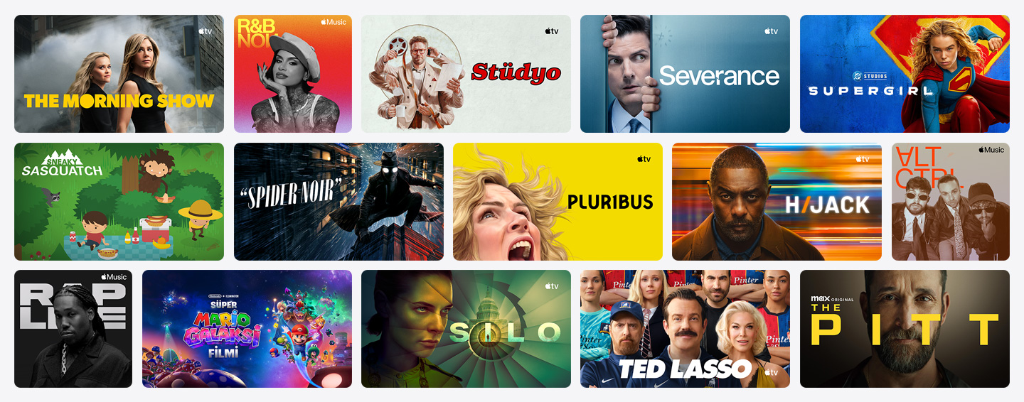 Apple TV, Apple Music, Apple Arcade ve kanal iş ortaklarının görsellerinden oluşan ızgara