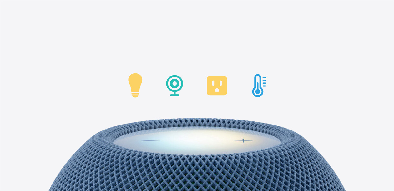HomePod mini, üstten dış görünüm, mavi renk, aydınlatılmış dokunmatik yüzey, üstünde ampul, televizyon, güvenlik kamerası, termometre şeklinde beş akıllı ev simgesi