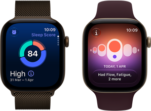 Два пристрої Apple Watch Series 12: алюмінієвий корпус темно-бронзового кольору, кругова діаграма оцінки сну, коронка Digital Crown, міланський сітчастий браслет темно-бронзового кольору, алюмінієвий корпус світло-золотистого кольору, додаток «Відстеження циклу», спортивний ремінець бордового кольору 