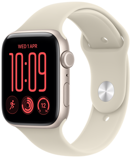 Apple Watch SE 3, алюмінієвий корпус кольору «зіркове сяйво», циферблат «Компактні модулі» з показниками: день і дата, тренування з бігу, кільця активності, погода, правий бік корпусу, коронка Digital Crown, бічна кнопка, спортивний ремінець пісочного кольору