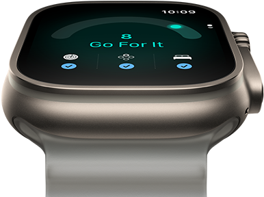 Apple Watch Ultra 4, титановий корпус натурального кольору, оцінка готовності — 8, правий бік корпусу, коронка Digital Crown, рельєфна бічна кнопка, ремінець Ocean напівпрозорого сірого кольору