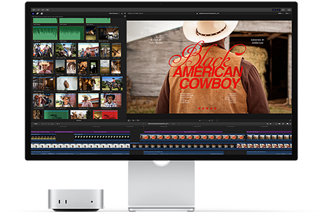 Mac mini в парі зі Studio Display, праворуч на екрані показано заставку фільму «Black American Cowboy», ліворуч — кілька стоп-кадрів