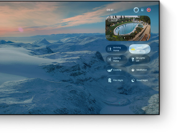 Home app Control Centre on TV screen, mountain landscape wallpaper, live pool camera feed, scene buttons including Good Morning selected, Arriving Home, Movie Night and Good Night