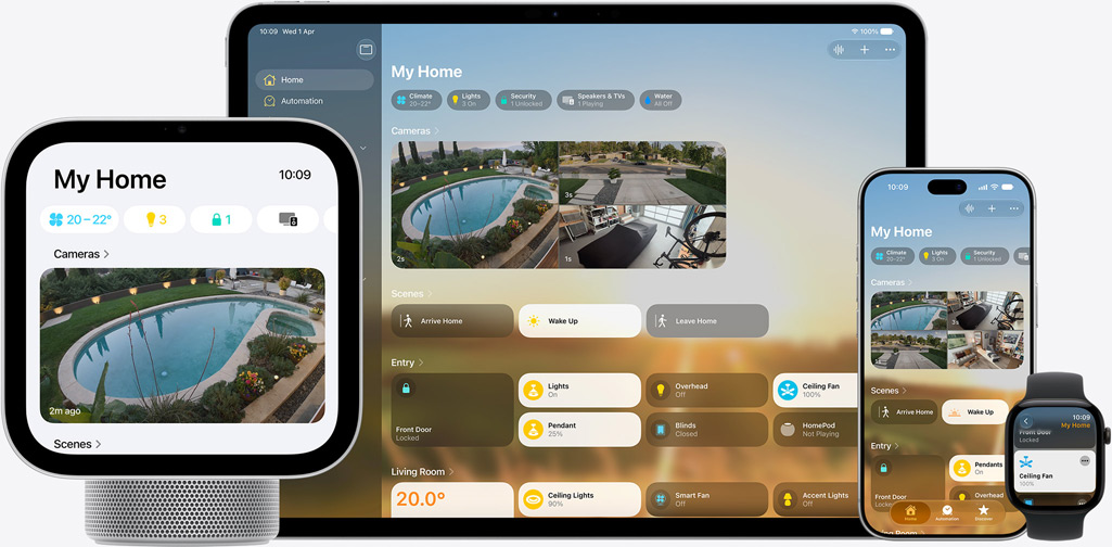 Home app displayed across iPad, iPhone and Apple Watch, each showing My Home dashboard with cameras, climate, scenes and device controls.