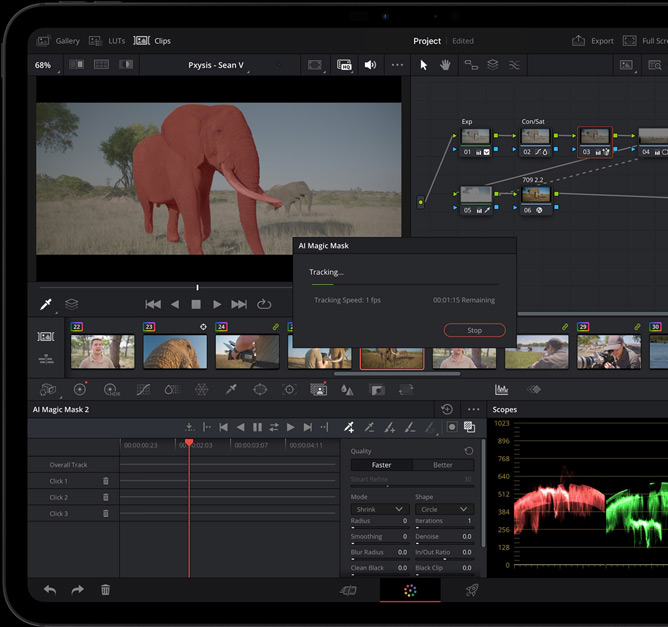 iPad Pro, front exterior, space black color, display showing video editing app with timelines and controls, AI Magic Mask tool tracking in progress, applying special effects to a clip of elephants