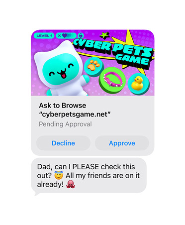 Screen showing text message with cyberpetsgame.net screengrab, Decline and Approve buttons under graphic, message text reads: Dad, can I please check this out, all my friends are on it already
