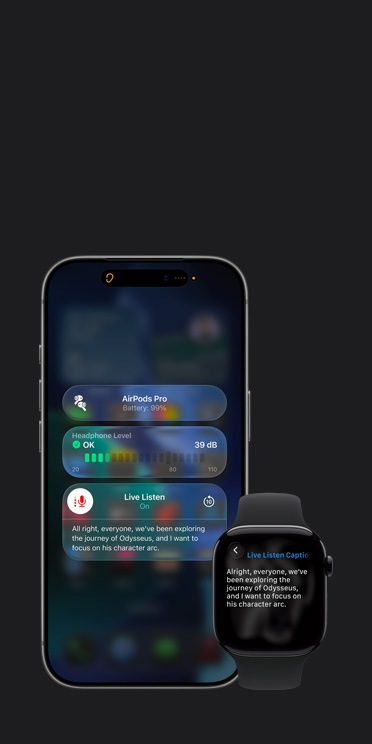 Ekran iPhone’a 17 Pro przedstawiający aktywną sesję Live Listen z napisami do wychwyconego dźwięku oraz ekran Apple Watch Series 11 przedstawiający Napisy na żywo do tego samego dźwięku