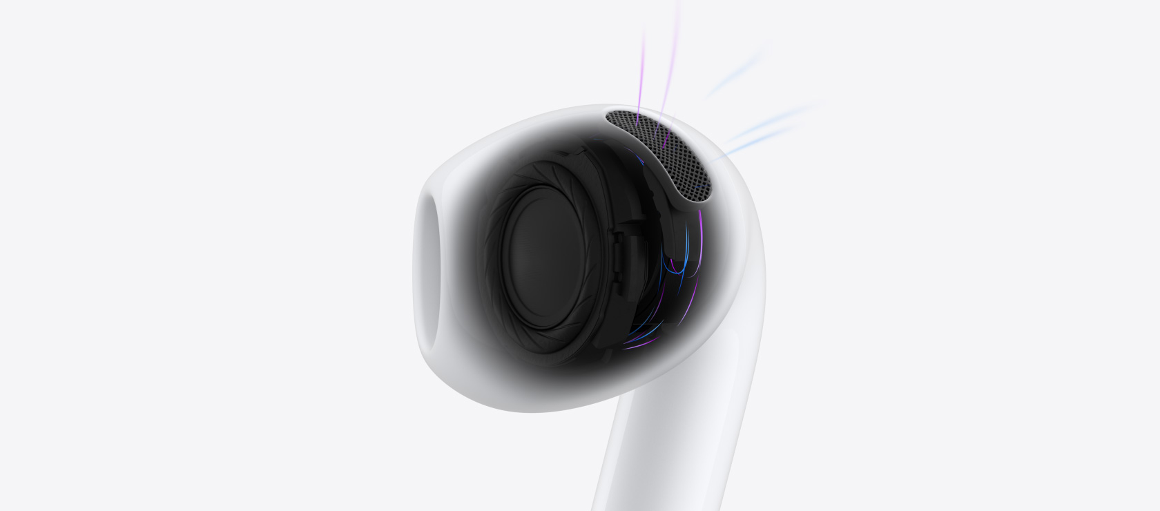 AirPods 5 innere Architektur mit blauen Linien, die Luft und Sound zeigen, die durch den In-Ear Kopfhörer kommen