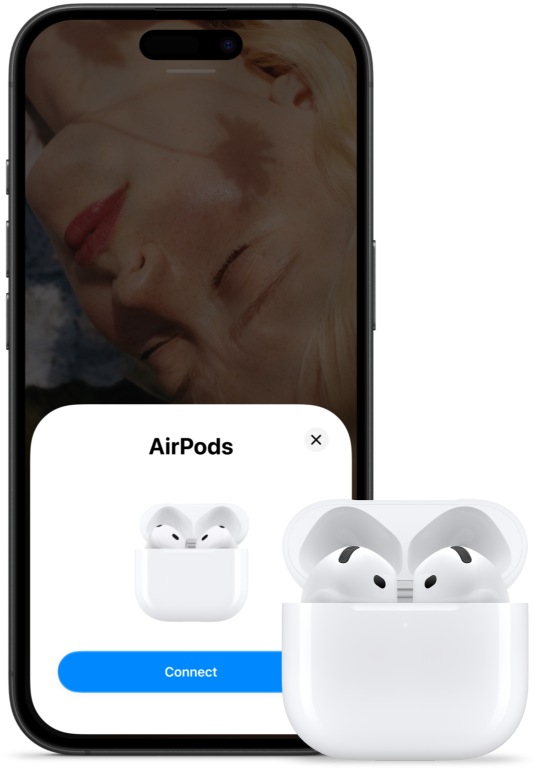 Ein geöffnetes Ladecase mit AirPods 5 darin, neben einem iPhone, das zeigt, dass die AirPods 5 verbunden wurden.