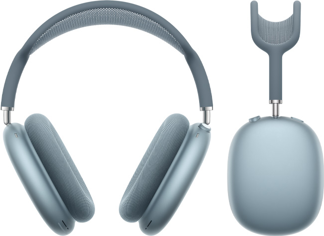 Vooraanzicht en zijaanzicht van AirPods Max 2 koptelefoon in de kleur blauw