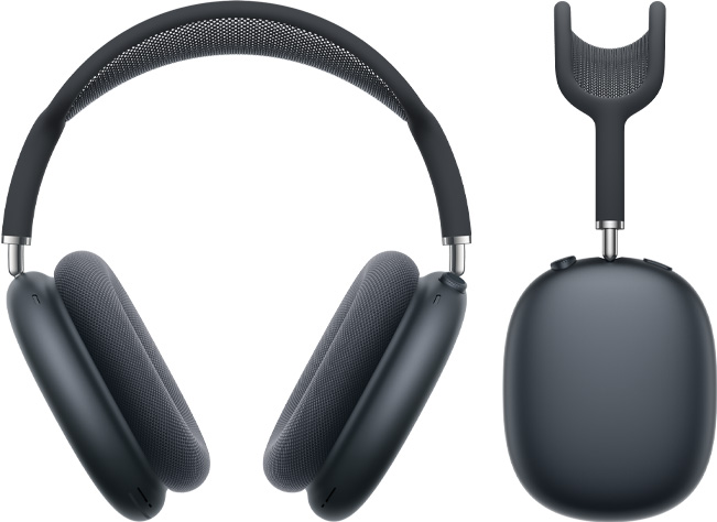 Vooraanzicht en zijaanzicht van AirPods Max 2 koptelefoon in de kleur middernacht