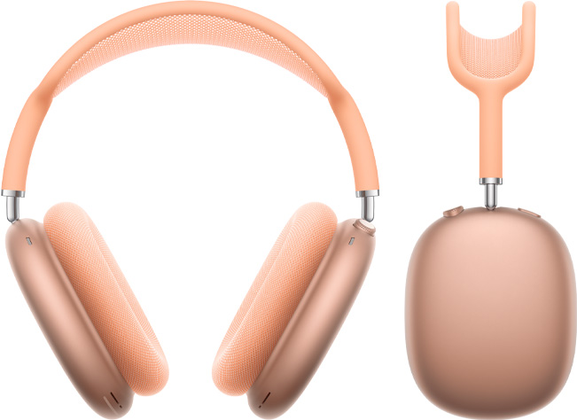 Vooraanzicht en zijaanzicht van AirPods Max 2 koptelefoon in de kleur oranje