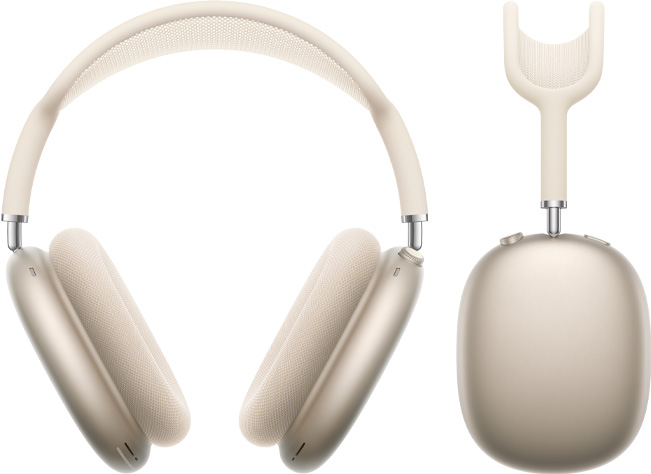 Vooraanzicht en zijaanzicht van AirPods Max 2 koptelefoon in de kleur sterrenlicht