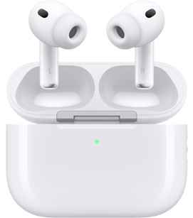 AirPods Pro 3 in charging case with lid open, front exterior, white