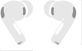 Sketch of AirPods Pro 3, left and right wireless headphones, silicone tips, noise-cancelling microphones, height in millimetres, width in millimetres