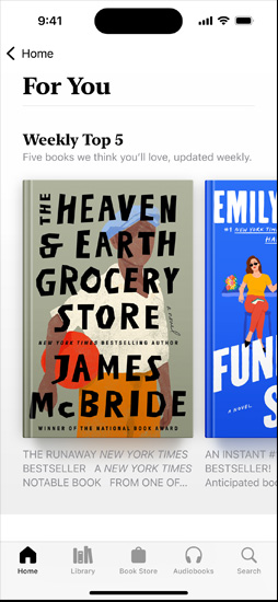 iPhone screen displaying the For You section in the Books app. The Weekly Top 5 list is shown