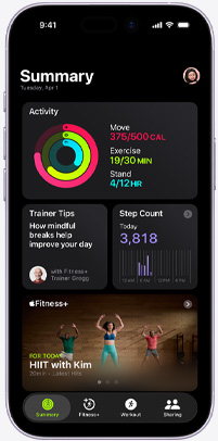 Apple Fitness+ app on an iPhone showing the Summary tab screen, featuring Activity rings, Trainer Tips, Step Count, and recommended Apple Fitness+ workouts