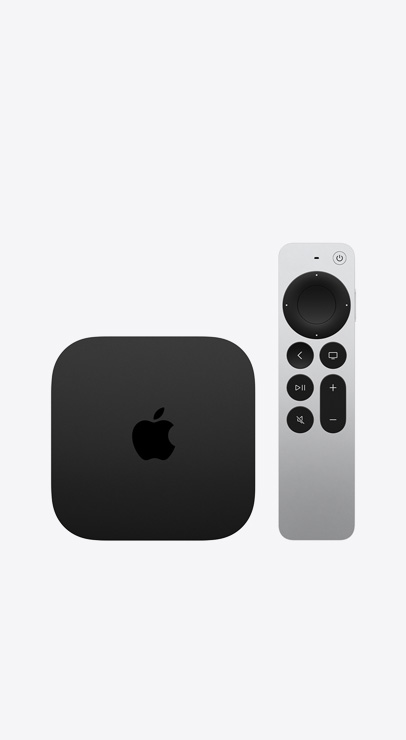 Apple TV 4K, black colour, top exterior, shown with Siri Remote, silver colour