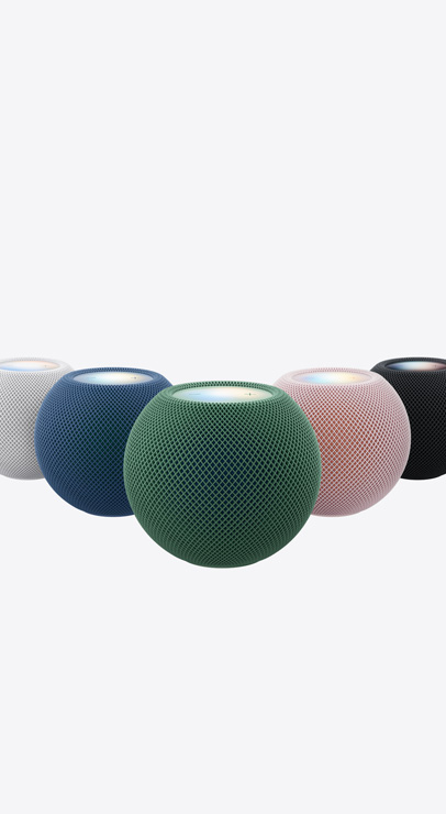 HomePod mini 2 speakers, mesh fabric, touch surface on top, available colours, white, blue, green, pink, midnight