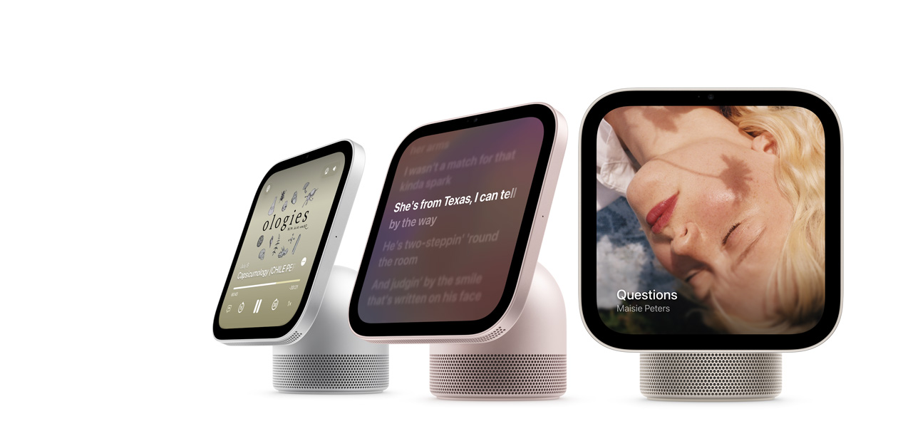 Apple HomeView devices in different colours, showing Apple Music app album artwork and lyrics