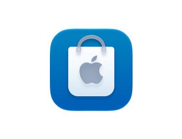 Apple Store app icon, blue colour, with a gray Apple logo on a white shopping bag