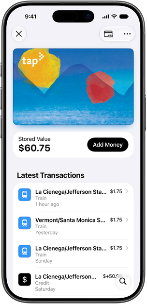iPhone, front, displaying a Tap transit card, with a $60.75 stored value, an "Add Money" button, and a list of recent transit transactions