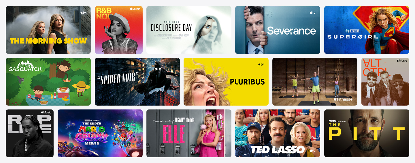 Grid of poster artwork from Apple TV, Apple Music, Apple Fitness+, Apple Arcade and channel partners