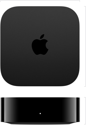 Vista superior da Apple TV 4K, logótipo Apple ao centro, vista frontal, luz de estado