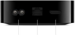 Vista traseira da Apple TV 4K, portas: alimentação integrada, Ethernet Gigabit, HDMI