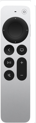 Vista frontal do Apple TV Remote, acabamento em alumínio prateado, clickpad e botões