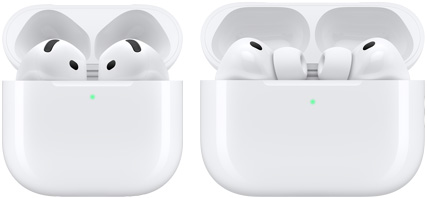 AirPods 5 and AirPods Pro 3: earbuds in open charging cases, white colour, green status light on each