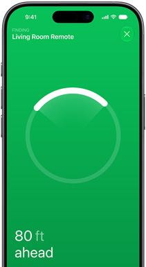 iPhone, Find My app on screen, text reads: Finding Living Room Remote, circular locator ring with bright arc pointing toward the remote's direction, text reads: 80 ft ahead