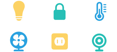 Smart home accessory icons: light bulb, lock, thermostat, fan, outlet, camera